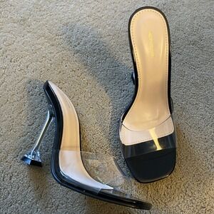 NWOT PRETTY LITTLE THING BLACK PU‎ SQUARE TOE CLEAR PERSPEX HEELED MULES SIZE 3